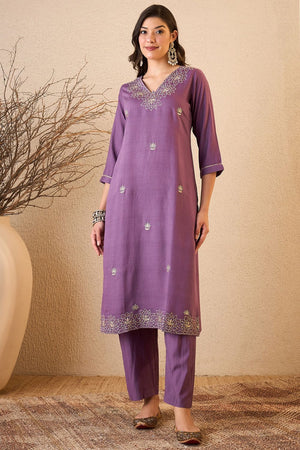 Purple Floral Embroidered Silk Blend Kurti Pant Set (ACB2263)