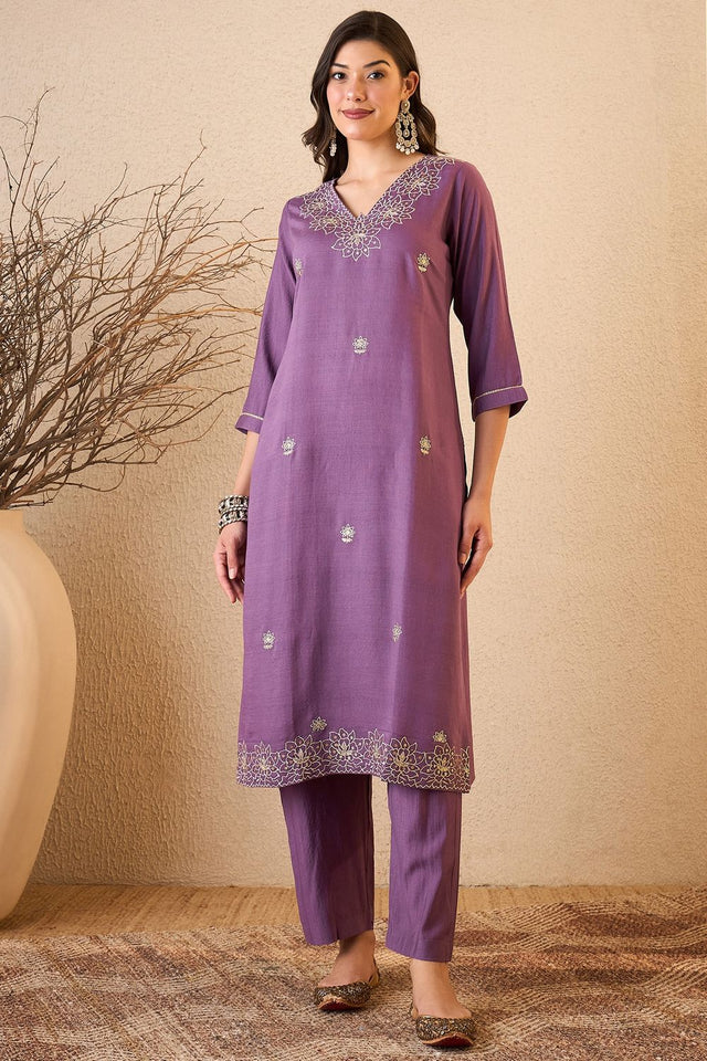 Purple Floral Embroidered Silk Blend Kurti Pant Set (ACB2263)