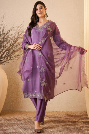 Purple Floral Embroidered Silk Blend Kurti Pant Set (ACB2263)