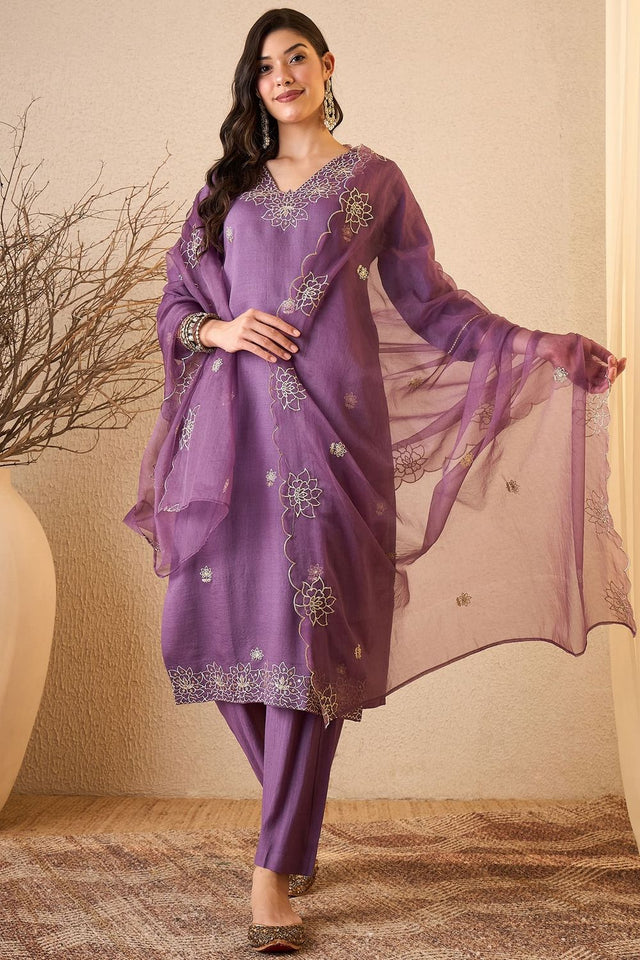 Purple Floral Embroidered Silk Blend Kurti Pant Set (ACB2263)