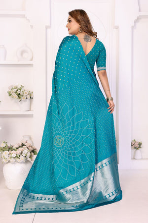 Turquoise Printed with Woven Pallu Satin Silk Saree (ACB2264)