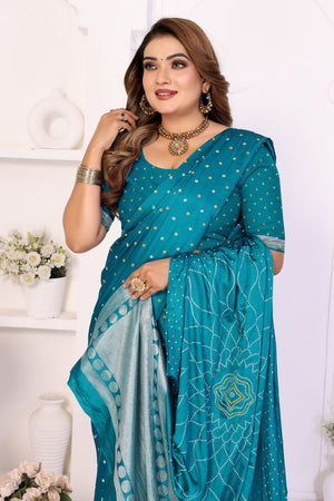 Turquoise Printed with Woven Pallu Satin Silk Saree (ACB2264)