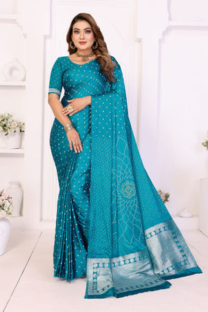 Turquoise Printed with Woven Pallu Satin Silk Saree (ACB2264)