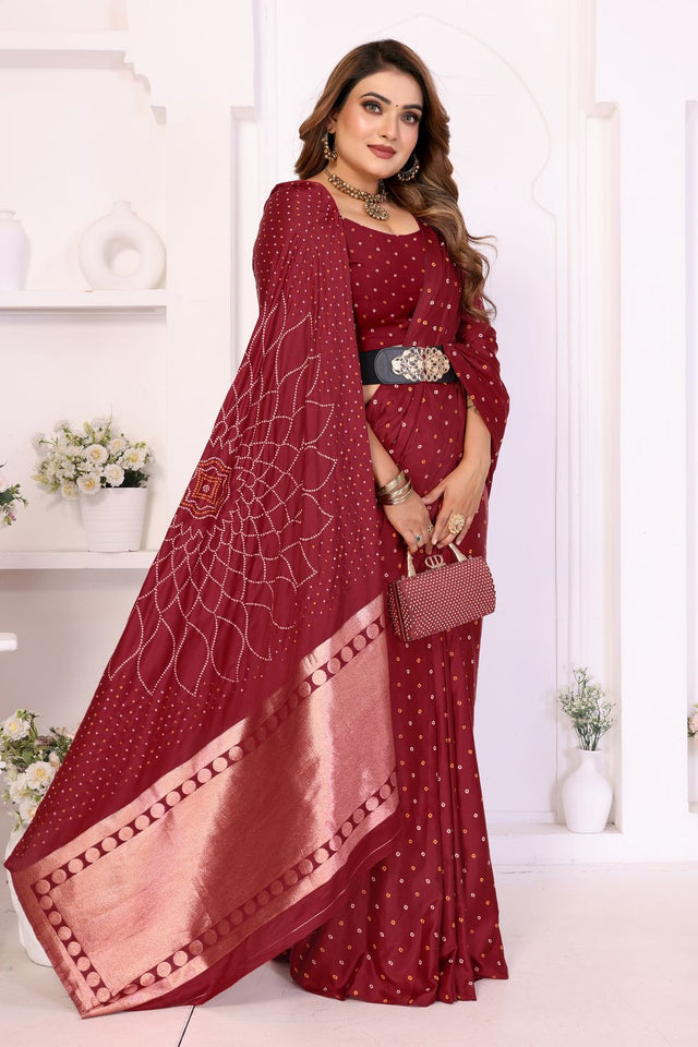 Maroon Printed with Woven Pallu Satin Silk Saree (ACB2267)