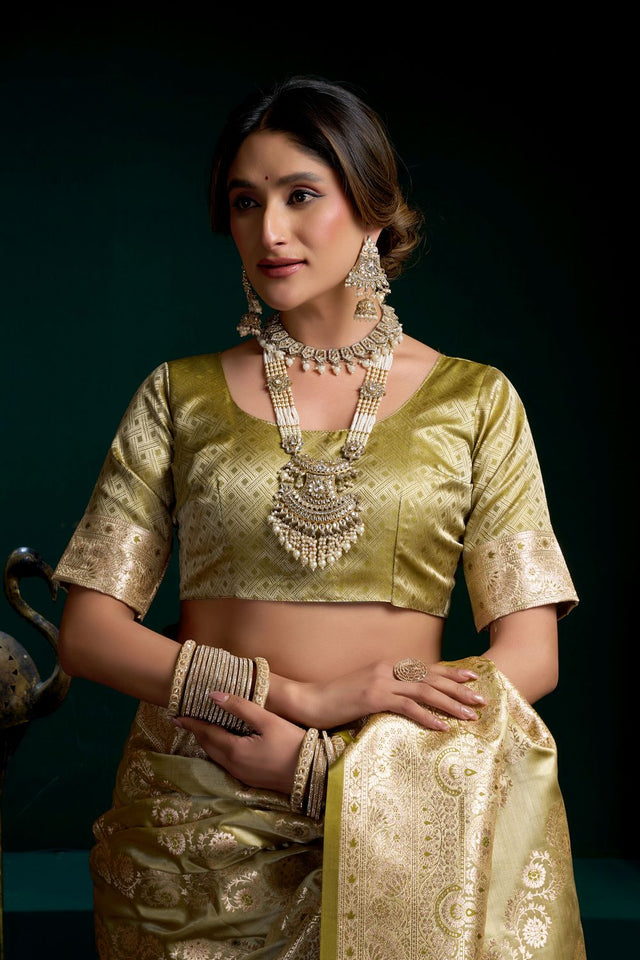 Green Woven Satin Silk Saree (ACB2270)