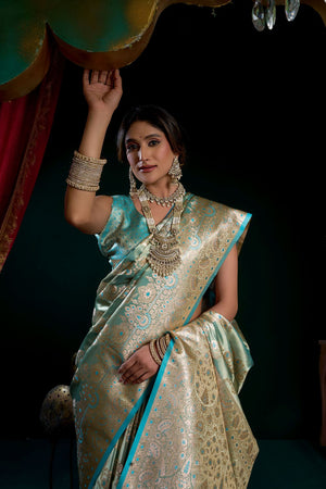 Blue Woven Satin Silk Saree (ACB2272)