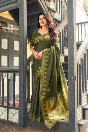 Mehendi Gold Zari Woven Banarasi Silk Saree (ACB2274)
