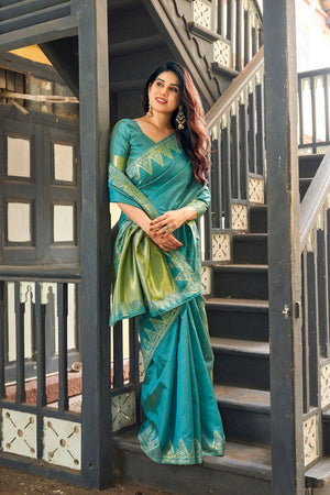 Turquoise Gold Zari Woven Banarasi Silk Saree (ACB2275)