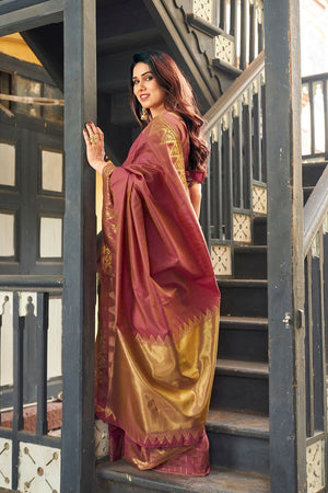 Brown Gold Zari Woven Banarasi Silk Saree (ACB2276)