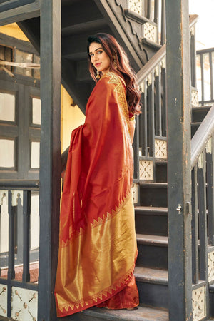 Rust Gold Zari Woven Banarasi Silk Saree (ACB2278)