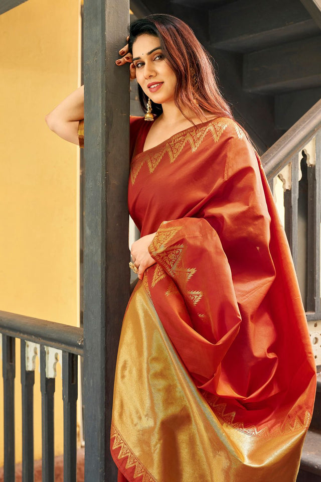 Rust Gold Zari Woven Banarasi Silk Saree (ACB2278)