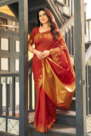 Rust Gold Zari Woven Banarasi Silk Saree (ACB2278)