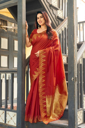 Rust Gold Zari Woven Banarasi Silk Saree (ACB2278)