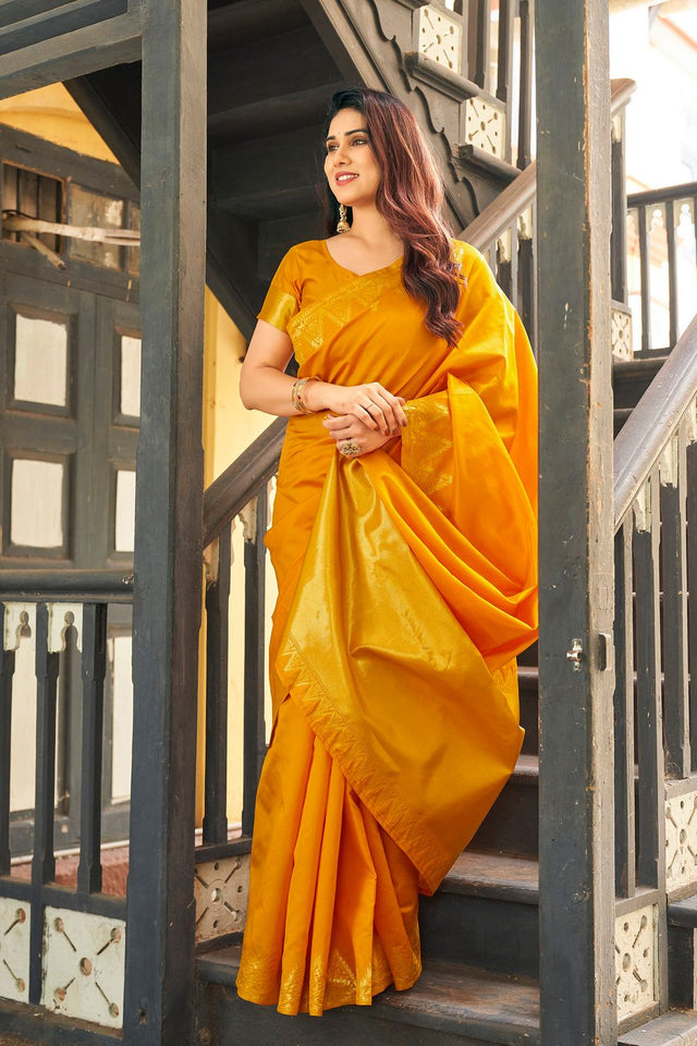 Yellow Gold Zari Woven Banarasi Silk Saree (ACB2280)