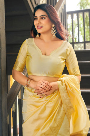 Cream Gold Zari Woven Banarasi Silk Saree (ACB2281)
