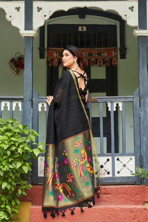 Black Zari Woven Linen Saree (ACB2282)
