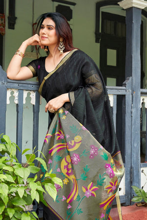 Black Zari Woven Linen Saree (ACB2282)