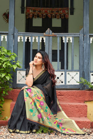 Black Zari Woven Linen Saree (ACB2282)