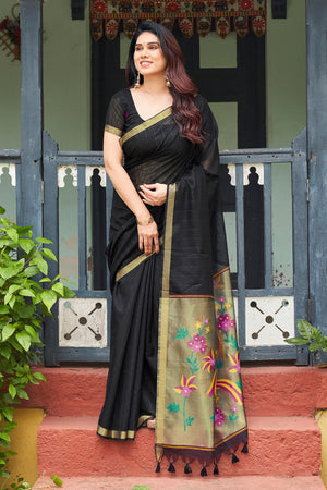 Black Zari Woven Linen Saree (ACB2282)