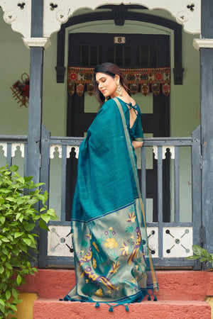Blue Zari Woven Linen Saree (ACB2283)