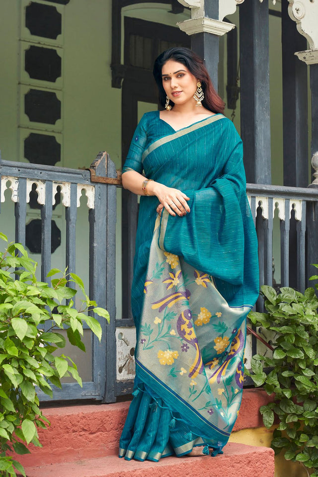 Blue Zari Woven Linen Saree (ACB2283)