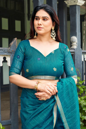Blue Zari Woven Linen Saree (ACB2283)