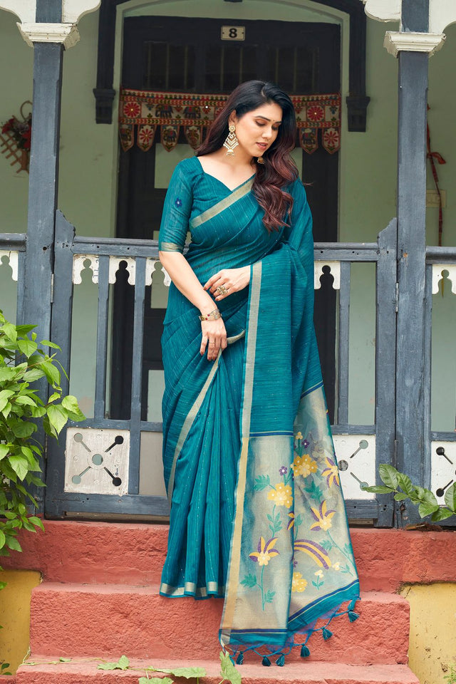 Blue Zari Woven Linen Saree (ACB2283)