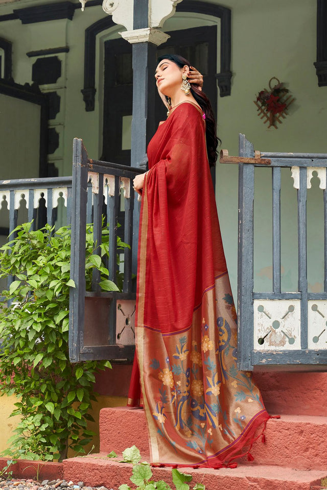 Red Zari Woven Linen Saree (ACB2284)