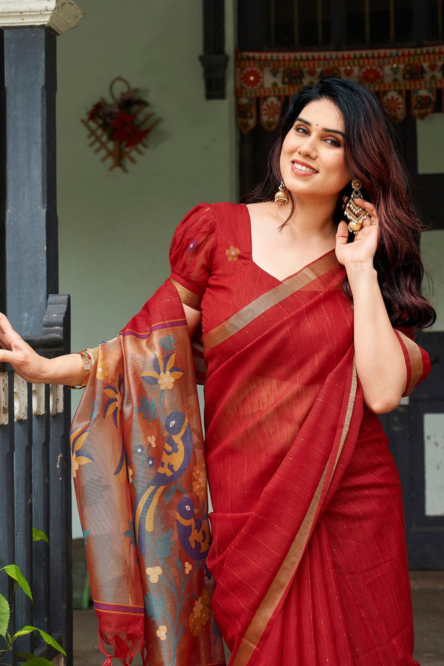 Red Zari Woven Linen Saree (ACB2284)