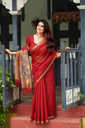 Red Zari Woven Linen Saree (ACB2284)