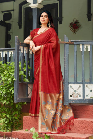 Red Zari Woven Linen Saree (ACB2284)