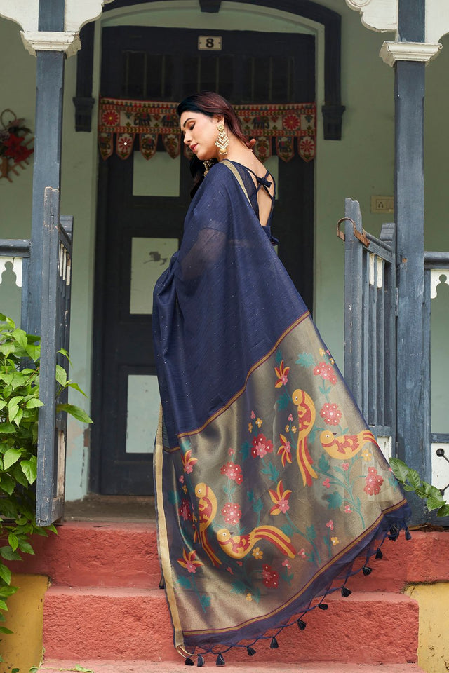 Navy Blue Zari Woven Linen Saree (ACB2285)
