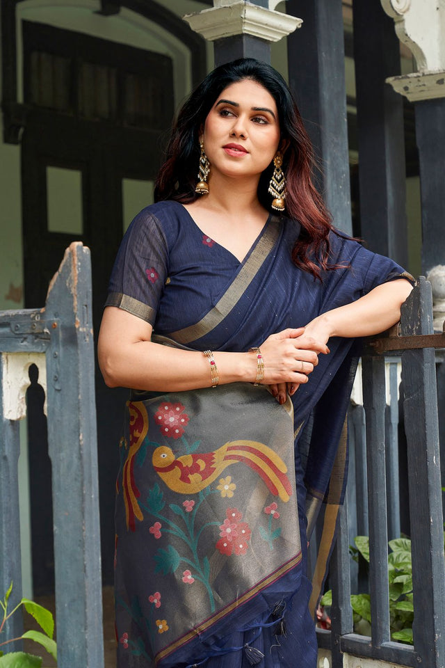 Navy Blue Zari Woven Linen Saree (ACB2285)