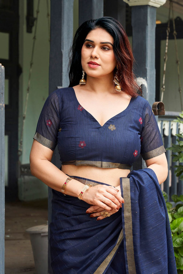 Navy Blue Zari Woven Linen Saree (ACB2285)