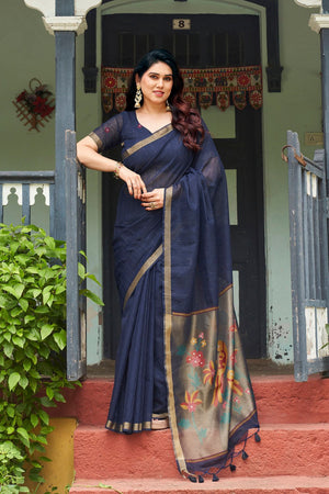 Navy Blue Zari Woven Linen Saree (ACB2285)