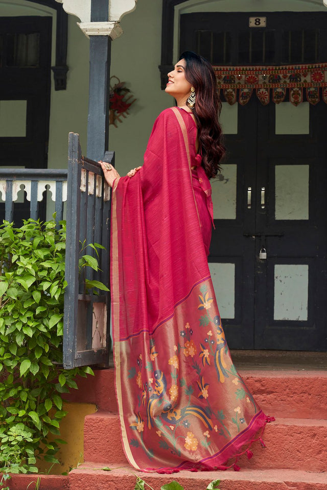 Pink Zari Woven Linen Saree (ACB2286)