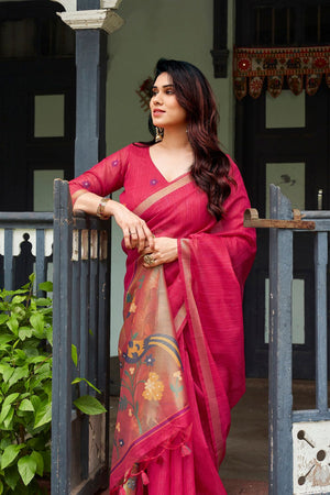 Pink Zari Woven Linen Saree (ACB2286)