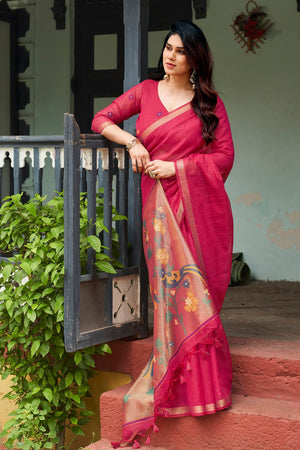 Pink Zari Woven Linen Saree (ACB2286)