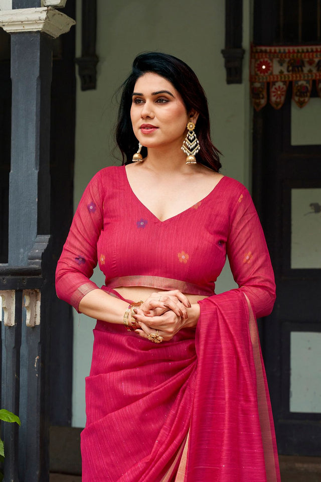 Pink Zari Woven Linen Saree (ACB2286)
