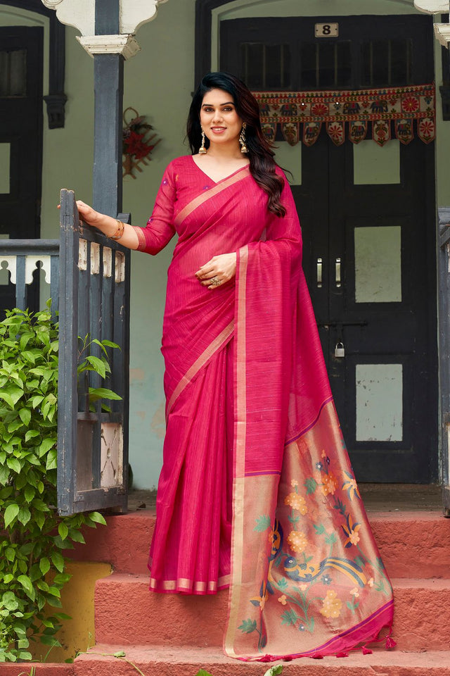 Pink Zari Woven Linen Saree (ACB2286)