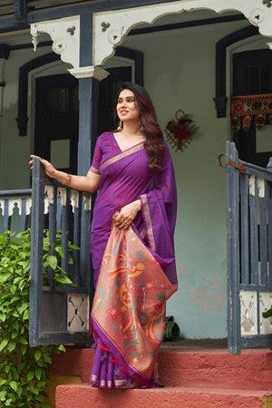 Purple Zari Woven Linen Saree (ACB2287)