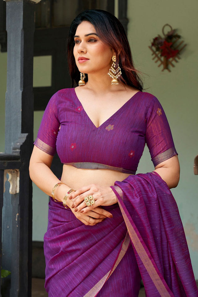 Purple Zari Woven Linen Saree (ACB2287)