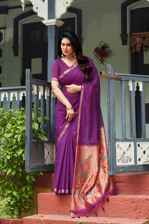 Purple Zari Woven Linen Saree (ACB2287)