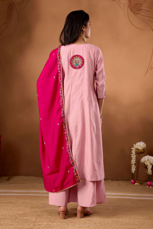 Light Pink Floral Embroidered Silk Kurti Palazzo Set (ACB2288)