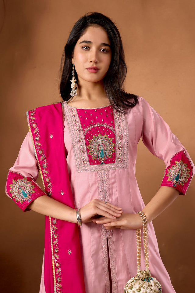 Light Pink Floral Embroidered Silk Kurti Palazzo Set (ACB2288)
