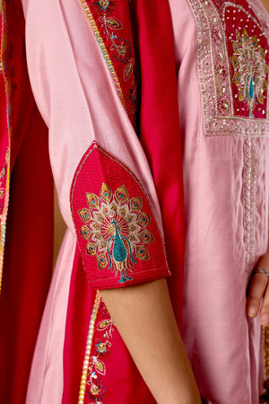 Light Pink Floral Embroidered Silk Kurti Palazzo Set (ACB2288)