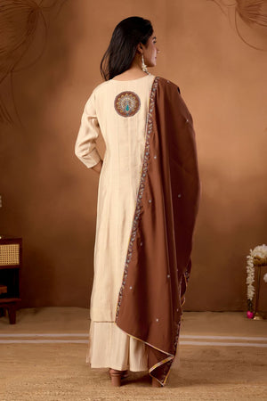 Cream Floral Embroidered Silk Kurti Palazzo Set (ACB2289)