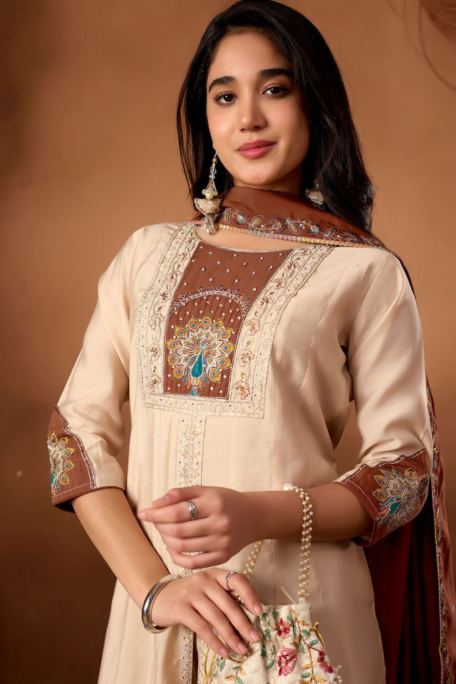 Cream Floral Embroidered Silk Kurti Palazzo Set (ACB2289)