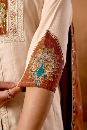 Cream Floral Embroidered Silk Kurti Palazzo Set (ACB2289)