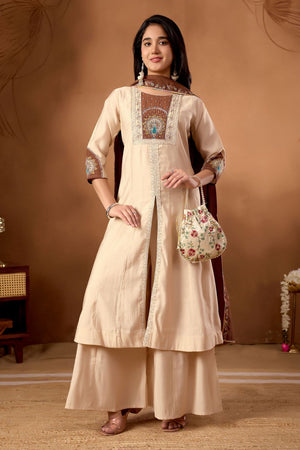 Cream Floral Embroidered Silk Kurti Palazzo Set (ACB2289)